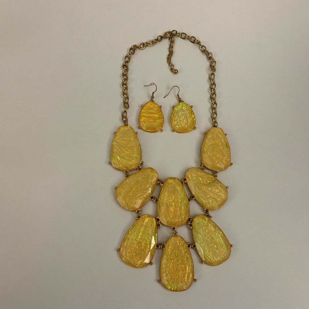 Women's‎ Statement Necklace Dangling Earrings Set Yellow Stones Gold-tone NWOT